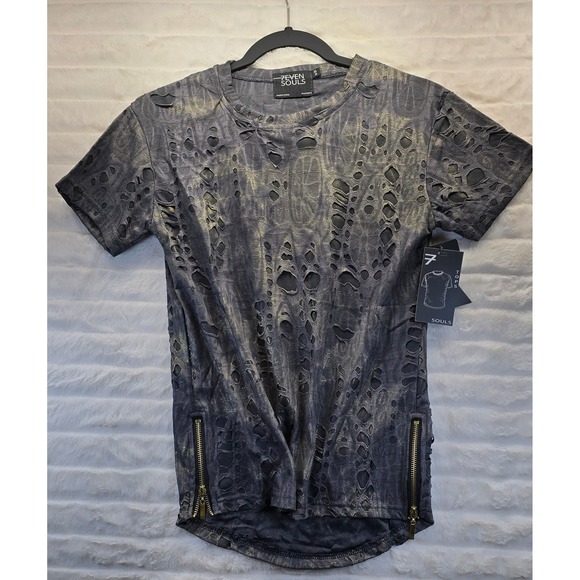 7even Souls Distressed Burnout T-Shirt Mens Small Gray Gold New Side Zip - Picture 2 of 8